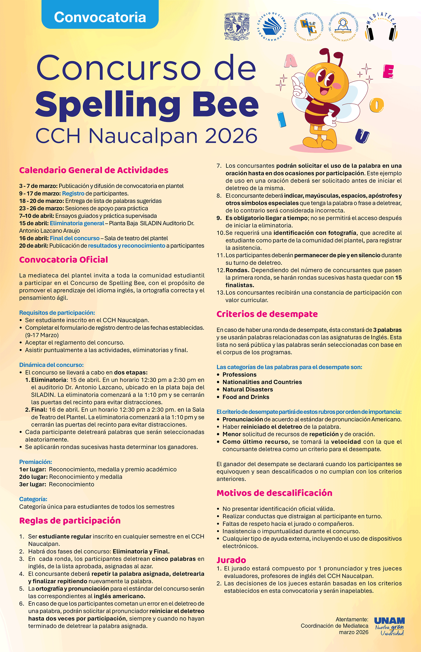 Convocatoria del Concurso de Spelling Bee CCH Naucalpan 2026